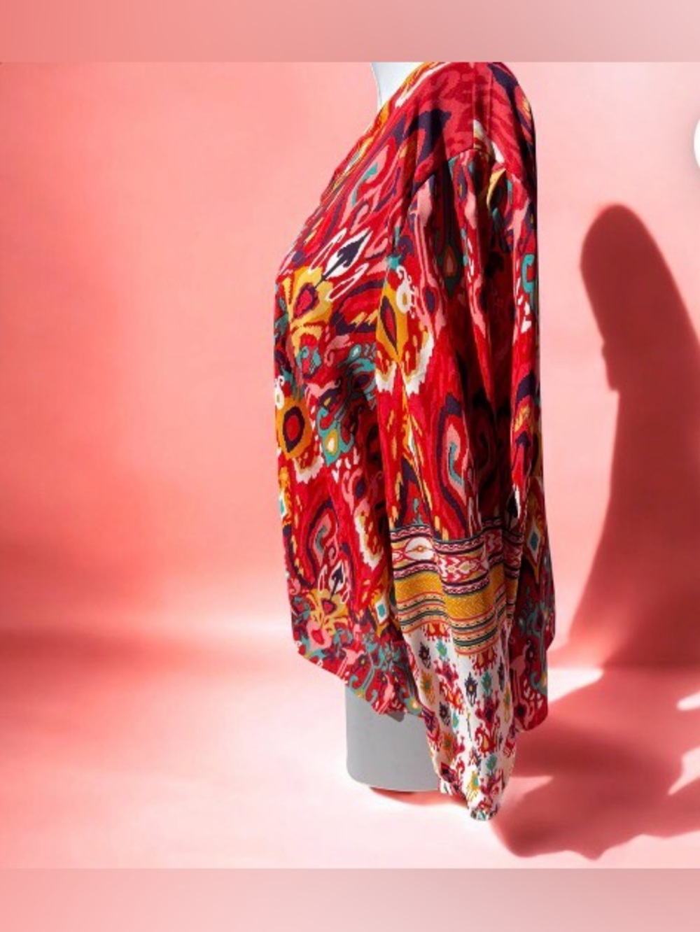 Bello Boho. Vibrant Red Multi-Pattern Women's Boatneck Blouse. Size XL.